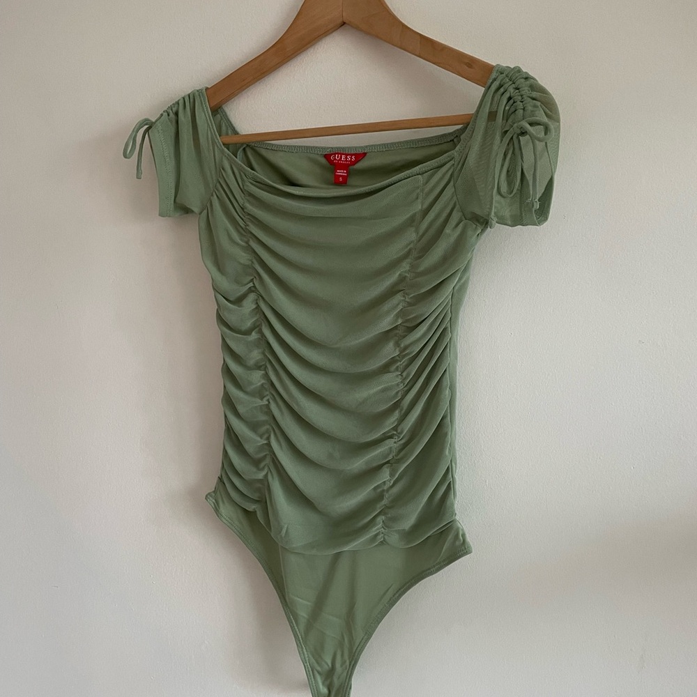 Vintage GUESS Sage Green Romantic Fairy Spring Feminine Coquette Ruched Bodysuit